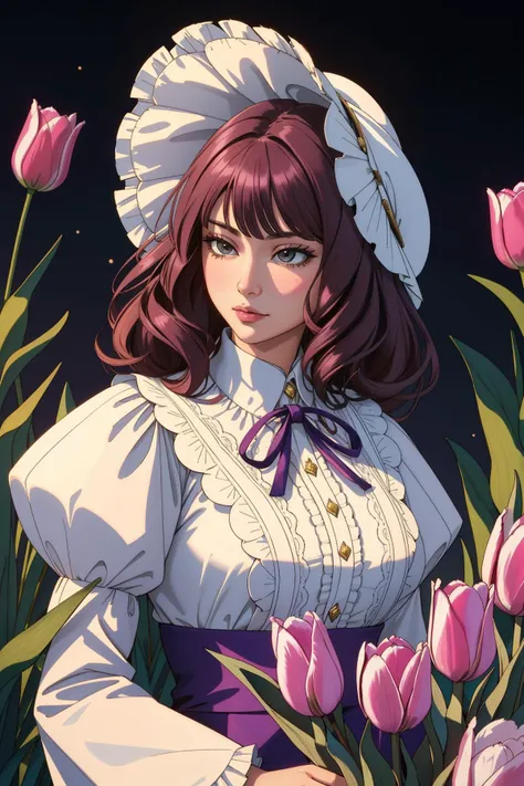 1girl, colorful Chantilly lace of a majestic, [Voluminous:Furry:9] Shadowy Meiji Era ([Capricornus constellation:Tulip:1]:1.3) , it is designed by Weyland industries, it has intricate details, background is Shaky woods, spring garden and space, at Dawn, horizon-centered, Simple and clean, Flustered, Vaporwave Art, short lighting, 800mm lens, Provia, cinematic, Magic the gathering, UHD, professional, [ (art by Myroslava Sviridova:1.1) , (Tim Burton:0.8) , (Alex Alemany:1.2) :16], monochromatic
