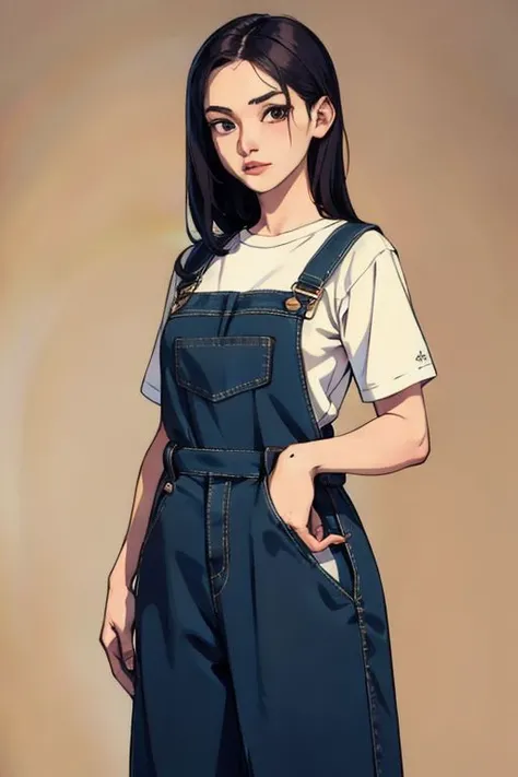 (Masterpiece, best quality, high resolution), 1girl, attractive woman, 25 year old, long black hairy, baggy pants, comfy overalls, crop top under overalls, cuffed ankles, soft lips, pretty eyes, cute nose