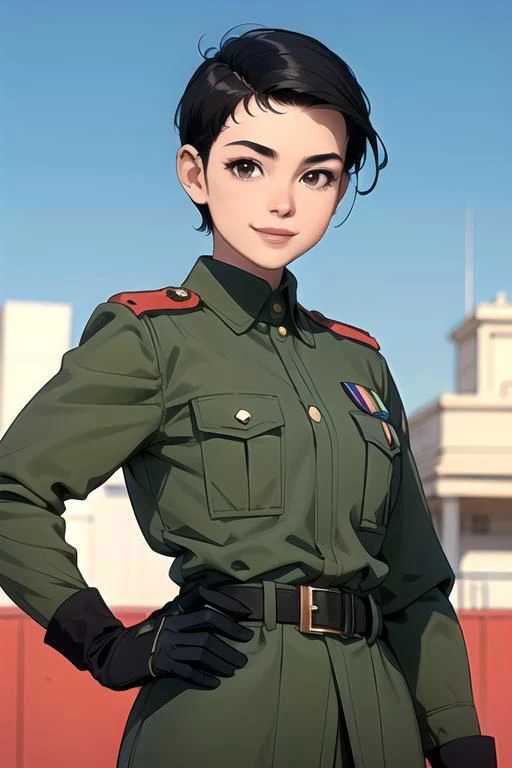 spiky bald hairstyle, short hair, mexican skin, gloves, uniform military, 1girl ,dark black hair, ((hair cut super short,)), soft Brown eyes, smile lips,