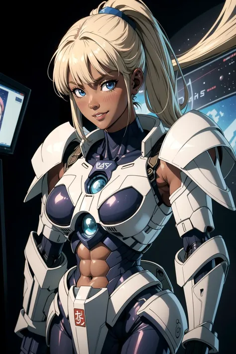 (masterpiece), (best quality), 1lady, solo, mature, female, plump, mecha body parts, mecha musume, muscled arms, chiseled abs, chiseled body, strong, tomboy, tan, (dark skin:1.3), blonde hair, (ponytail with straight bangs), sky blue eyes, parted lip, large breasts, black choker, neck choker, heavy armor suit, shy, light smile, blush, standing, dignified, majestic, supreme commander, looking at viewer, close-up, orbital station, space, hi-tech, holograms, monitor screens, 机甲少女,<lora:a-mecha-mus:1>