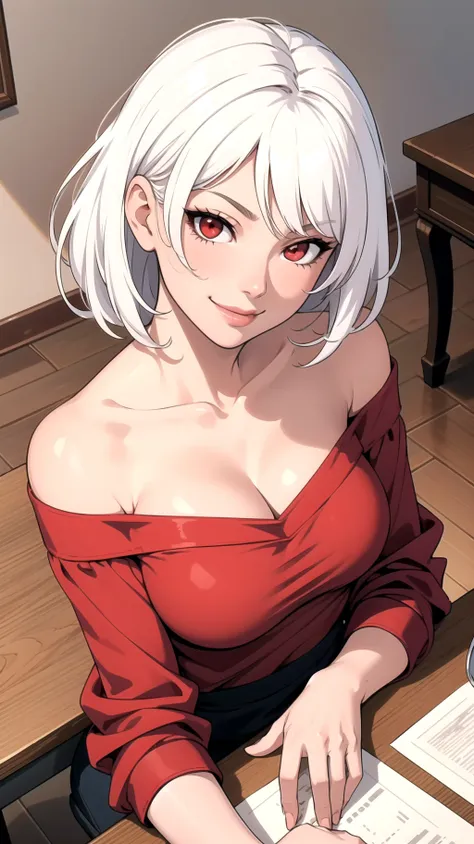 (masterpiece, best quality), 1girl, dark skin, white hair, red eyes, huge breasts, cleavage, off-shoulder shirt, red shirt, looking at viewer, smirk, from above, indoors, table