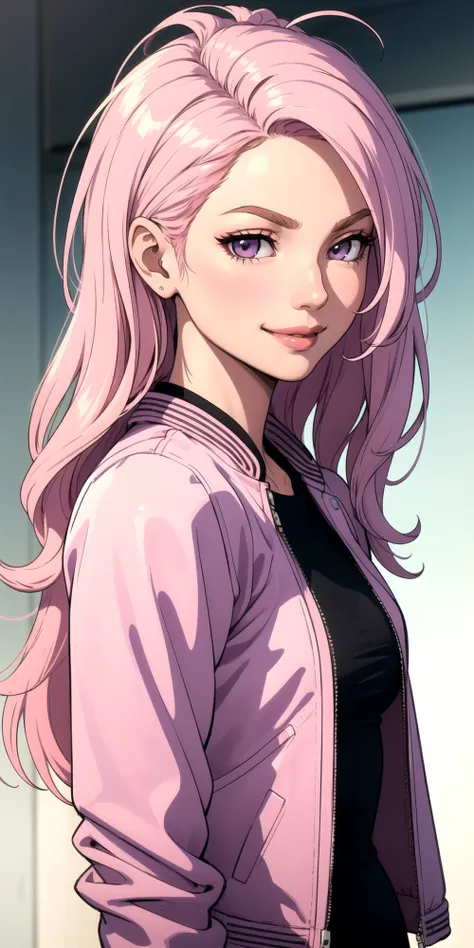 (masterpiece, best quality), intricate details, thin, ((slim)), beautiful girl, Light pink hair, white skin, light purple eyes, sharp jawline, cropped jacket, messy hair, lips, upper body, smirk