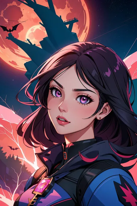 1girl, gems,vector style, an Amusing Power plant high up on a mountain, intricate details, hdr, hyperdetailed, hyperrealism, sharp lighting, game art, key visual, surreal, night, red moon, colorful stars, bats, tree, lightning, skulls