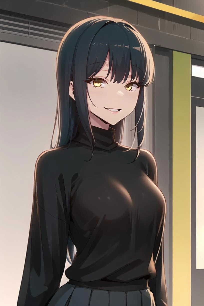 <lora:SaeYeon_SSG:1> saedef, blue hair, yellow eyes, long hair
standing, upper body, looking at viewer, turtleneck, black shirt, black skirt, smile,
masterpiece, best quality,