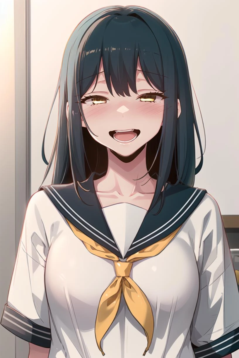 <lora:SaeYeon_SSG:1> saedef, blue hair, yellow eyes, long hair
standing, upper body, looking at viewer, blush, collarbone, half-closed eyes, open mouth, sailor collar, school uniform, serafuku, shirt, smile, large breasts,
masterpiece, best quality,