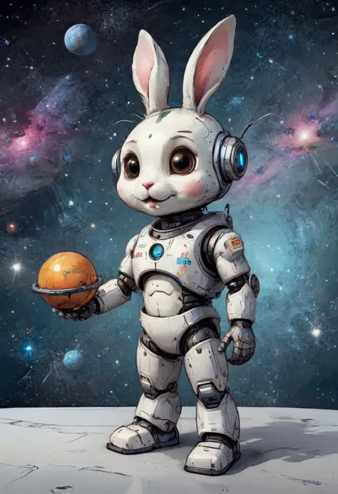 illustration of a cute cartoon character, a clever robot bunny ,  space on the background,  ((masterpiece)), (best quality),  detailed  ,    <lora:EldritchArt1.0:0.8>