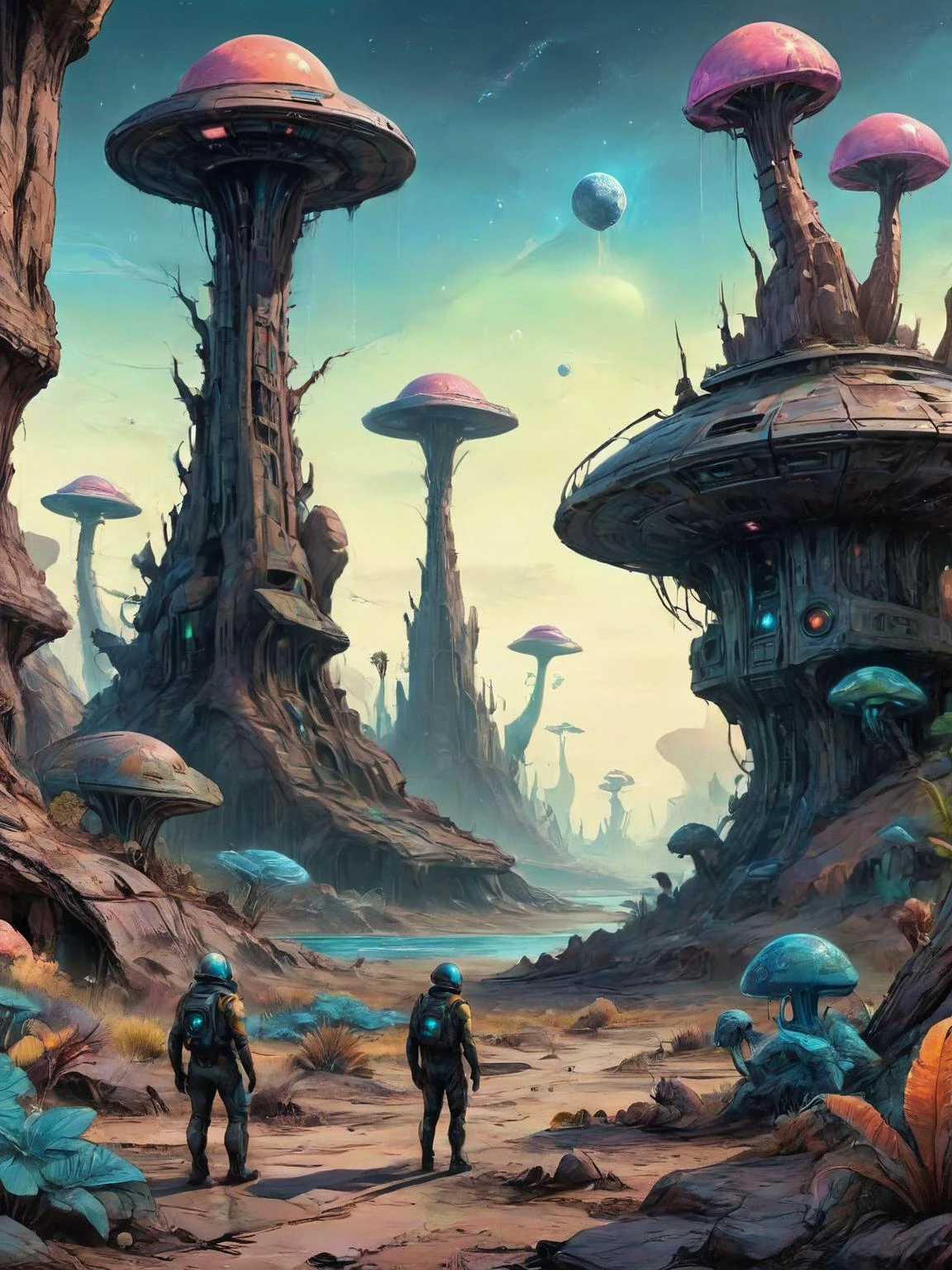 Transport viewers to an otherworldly landscape teeming with bizarre flora and fauna, alien ruins, and exotic geological formations, explorers traversing the alien terrain, encountering strange creatures and uncovering the planet's mysteries, surreal color schemes, bioluminescent elements, and surrealistic imagery to evoke a sense of alien beauty and wonder. <lora:EldritchArt1.0:0.8>