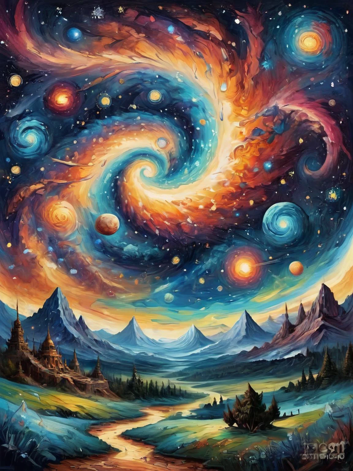 A surreal painting depicting a vast, starry sky with swirling galaxies and nebulae, overlaid with intricate geometric patterns reminiscent of ancient civilizations, highly detailed, absurdres, masterpiece, <lora:EldritchArt1.0:0.8>