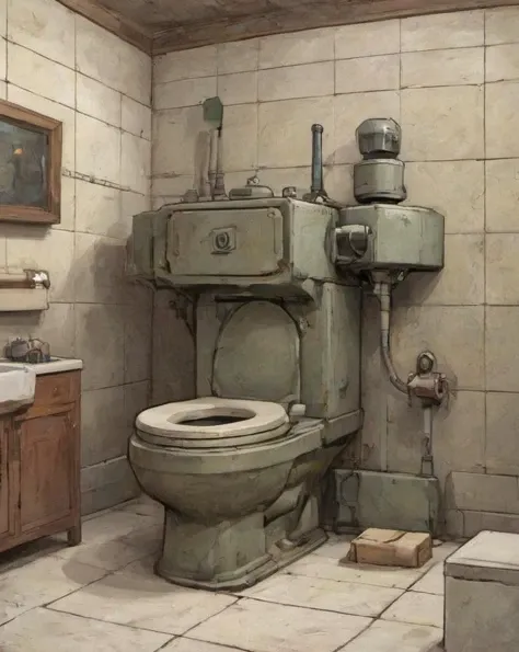 depiction of an armored (toilet:1.2), in a bathroom, <lora:- SDXL - amredpll_armored_style_V1.0-step00001500:.7>, <lora:SDXL - Style - EldritchArt1.0:.8>
