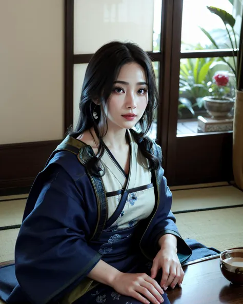 1girl,solo,  In the Japanese room, (((sitting on ground ))),Japanese coffee table, Japanese tatami, Japanese sliding door, Japanese tea cup. in dress, pose, hand up, Depth of Field, Bokeh,bokeh background,, (8k, RAW photo, best quality, masterpiece:1.2), (realistic, photo-realistic:1.37),ladyzhen,smile
 <lora:aki:0.7>