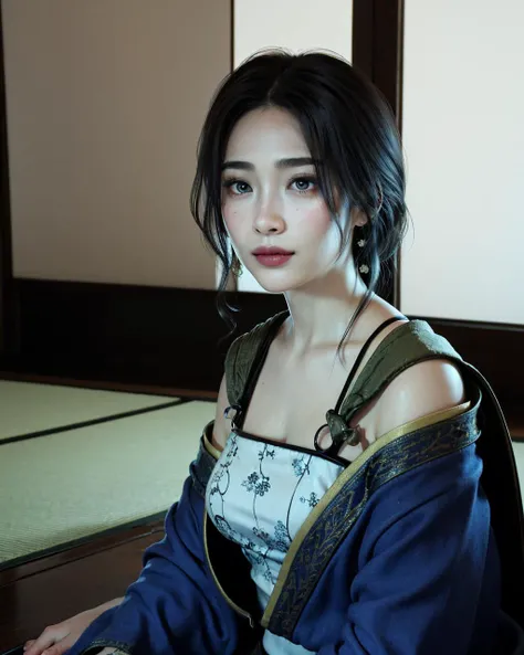 1girl,solo,  In the Japanese room, (((sitting on ground ))),Japanese coffee table, Japanese tatami, Japanese sliding door, Japanese tea cup. in dress, pose, hand up, Depth of Field, Bokeh,bokeh background,, (8k, RAW photo, best quality, masterpiece:1.2), (realistic, photo-realistic:1.37),ladyzhen,smile
 <lora:aki:0.7>