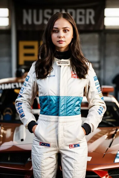 tv_Mackenzie_Jones_OF, , , wearing a full race-car driver suit, standing next to a race-car, winking expression,, 8k resolution, highres, high detail, sharp focus, detailed skin, 8k uhd,
