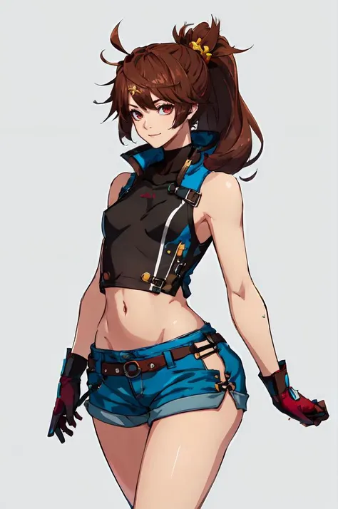 masterpiece, best quality,
solo,
cowboy shot,
facing viewer,
soft smile, light smile,
<lora:GGST_Artwork:1>,
1girl, red eyes, brown hair, medium hair, asymmetrical bangs, swept bangs, parted bangs, cowlick, parted bangs, flipped hair, (folded ponytail:1.35), small breasts,
shimenawa hair tie, sleeveless turtleneck, crop top, groin, (shimenawa:1.3), (shimenawa sash:1.3), (overskirt:1.2), shorts, flats, bandaged hand, gloves, bare legs, <lora:Tsurime3:1>, (tsurime:1.2), navel,