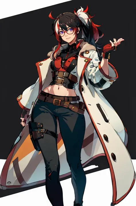 <lora:GGST_Artwork:1>
masterpiece, best quality,
solo,
cowboy shot,
facing viewer,
soft smile, light smile,
1girl, (black hair, red colored tips:1.2), very long hair, side ponytail, purple eyes, red-framed eyewear, tied hair, medium breasts, red streaked hair,
, coat on shoulders, dress shirt, sleeves rolled up, fingerless gloves, holster, belt, multiple belts, combat boots, bulletproof vest, pants,