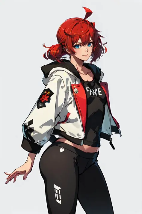 masterpiece, best quality,
solo,
cowboy shot,
facing viewer,
soft smile, light smile,
<lora:GGST_Artwork:1>,
1girl, red hair, (orange eyes:0.5), (amber eyes:0.7), swept bangs, parted bangs, medium hair, (low twintails), small breasts, <lora:Tsurime3:1>, (tsurime:1.2), low tied hair, (low short twintails),
leggings, leather jacket, long shirt, combat boots, hoodie,
