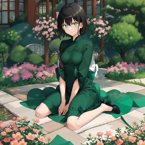 masterpiece, best quality, fubuki dress, <lora:CX2H:0.75>, green dress, palace, queen, <lora:flowers_landscape:0.7>, flowers, garden, wariza