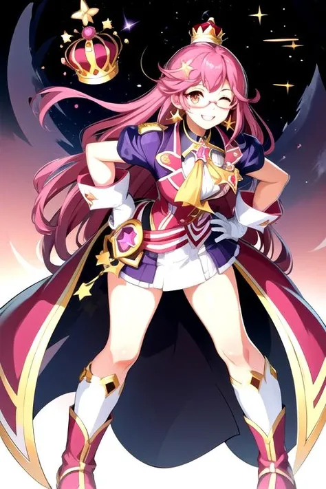 <lora:AmyPlie-06:0.75>, amygc, smile, skirt, gloves, jewelry, earrings, boots, one eye closed, glasses, white gloves, star (symbol), hand on hip, makeup, leaning forward, crown, lipstick, sky, day