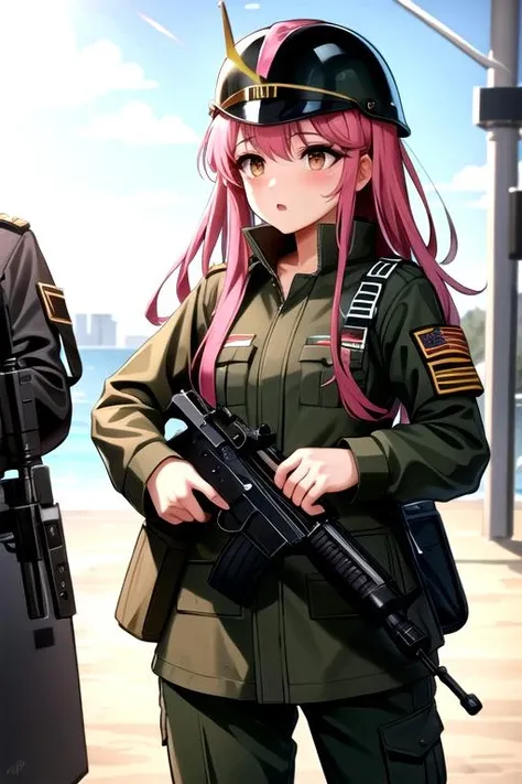 <lora:AmyPlie-06:0.75>, amygc, military, military uniform, helmet, aka, gun, weapon, soldier, battlefield, war, outdoors, holding gun