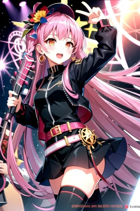<lora:AmyPlie-06:0.75>, amygc, open mouth, hair ornament, thighhighs, long sleeves, dress, holding, jewelry, very long hair, jacket, braid, flower, earrings, belt, star (symbol), black dress, orange eyes, rose, instrument, fishnets, microphone, star hair ornament, music, guitar, star earrings, singing, playing instrument, microphone stand, stage, stage lights