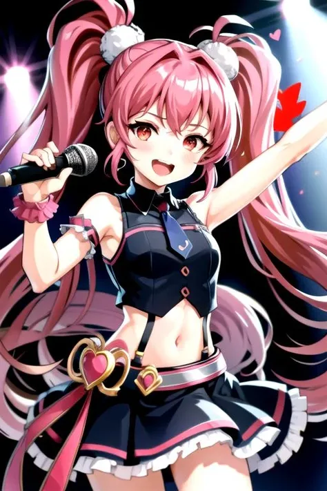 <lora:AmyPlie-06:0.75>, amygc, looking at viewer, smile, open mouth, multiple girls, skirt, hair ornament, red eyes, 1boy, navel, holding, 2girls, twintails, jewelry, very long hair, closed eyes, :d, heart, red hair, frills, multiple boys, necktie, sleeveless, solo focus, midriff, striped, crop top, wrist cuffs, scrunchie, suspenders, outstretched arm, microphone, music, holding microphone, singing, idol, glowstick