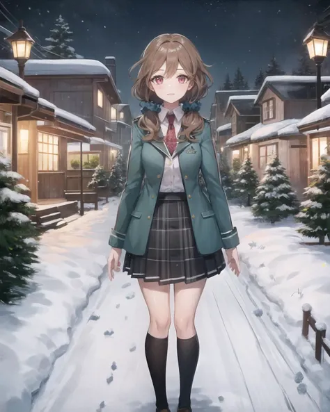 best quality, (masterpiece:1.2), illustration, absurdres,
(1girl), (solo), (beautiful detailed girl),
<lora:Odette-06:0.7>, Odette, brown_hair, low twintails, hair scrunchie, red eyes,
school uniform, green jacket, black pleated skirt, black knee socks, brown shoes,
winter, snowfall, snowy mountains, snow, snowy pine trees, freezing weather, frost, chill, wind, windy, winter , night, nighttime, starry sky, wooden fence, distant village, distant lights, lantern,,
happy, looking at viewer,
