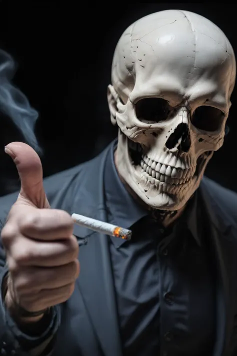 masterpiece, best quality, highres, <lora:cigarette:0.6> <lora:single thumbs up:0.8> single thumbs up, skeleton, cigarette,