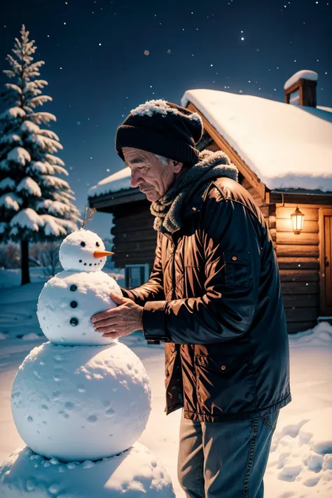 old grandfather building a snowman, winter clothes, winter, outside a cabin, cold and dark at night,