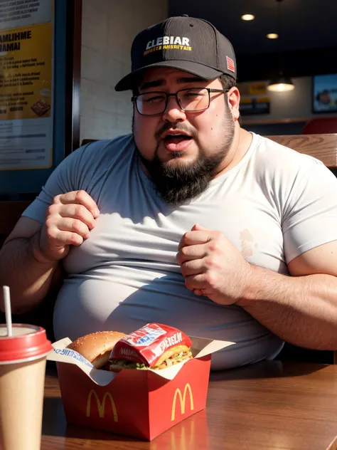 highly detailed photo, realistic, absurdres, highly detailed skin, photorealistic, highres, a fat american reddit user man is sitting at a table at mcdonalds and a massive and greasy hamburger on a food tray, sweat stained t-shirt, neckbeard, sweat, ketchup on t-shirt, heavy breathing, glasses, 8k, masterpiece,