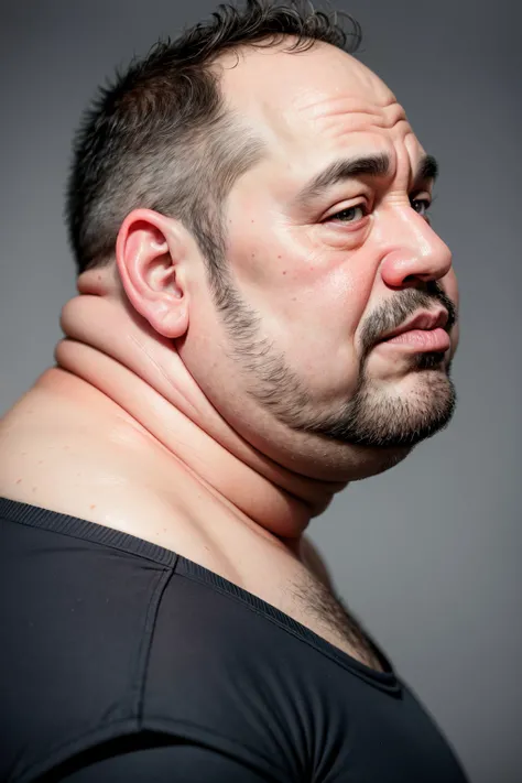 fat ugly man, age 46 years old, serious, portrait, linkedin, grey background, from side