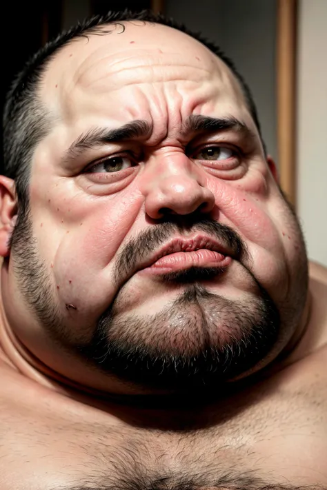 fat ugly man, age 46 years old, sweaty, clammy, starving, serious, portrait, from side, looking at viewer