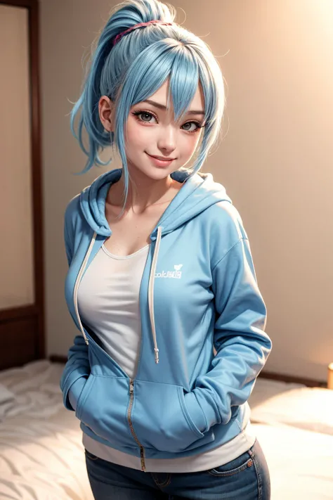 Bishoujo, age 24 years old, blue ponytail, smile, hoodie, portrait,