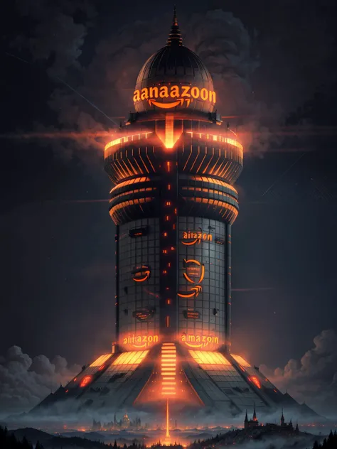 a busy evil futuristic castle atop a large peak in eastern europe, penis shaped building, digital, mecha, metal, carbon, plastic, red lights, (amazon logo on building:1.4), landing pads, radar dishes, at night, opening evil portal in sky, pollution, dirty air,