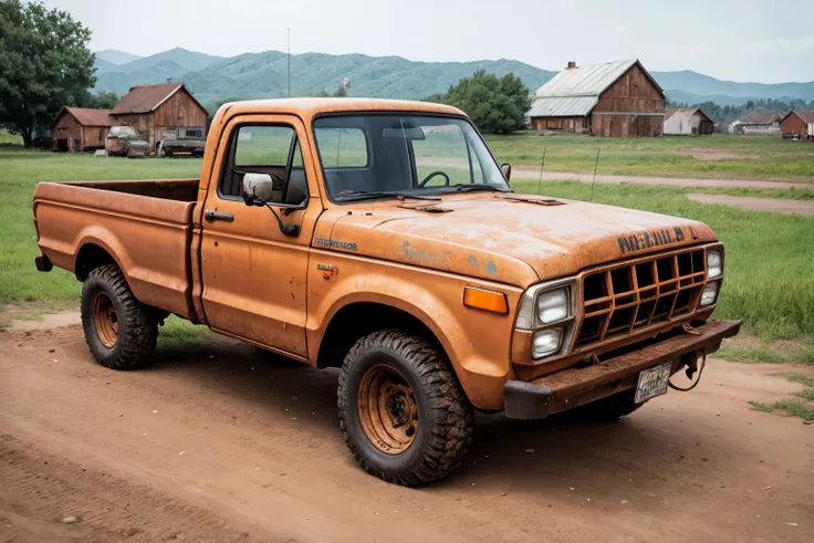 a shitty old brown pickup truck from the 1980's, ugly, sad, rusty, rust holes, poor styling, farm in the background,