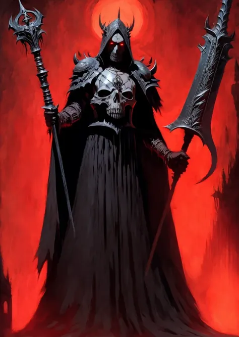 Decaying lich king, holding an evil scepter, skull, wearing a black and red holy robe, wearing a necklace of bones, skull, <lora:Moommst-02:1>