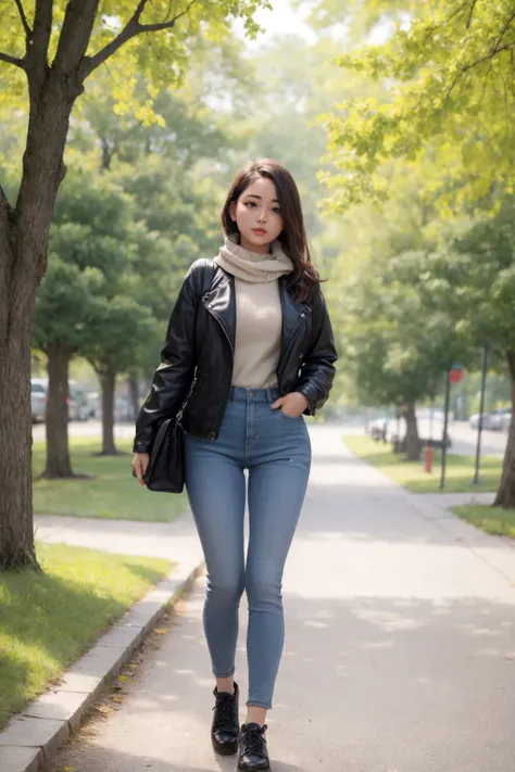 a woman walking in the park, (masterpiece, best quality, highres),