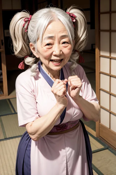 a japanese grandma, twintails, open mouth smile,