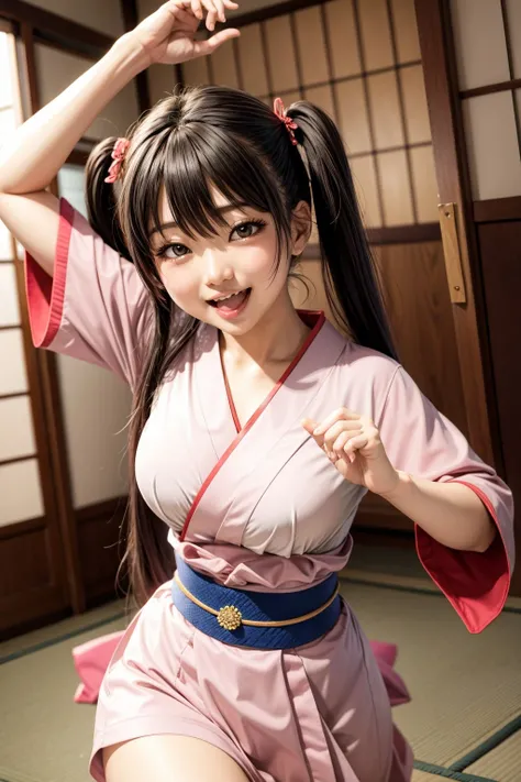 a japanese woman dancing, twintails, open mouth smile,bishouju