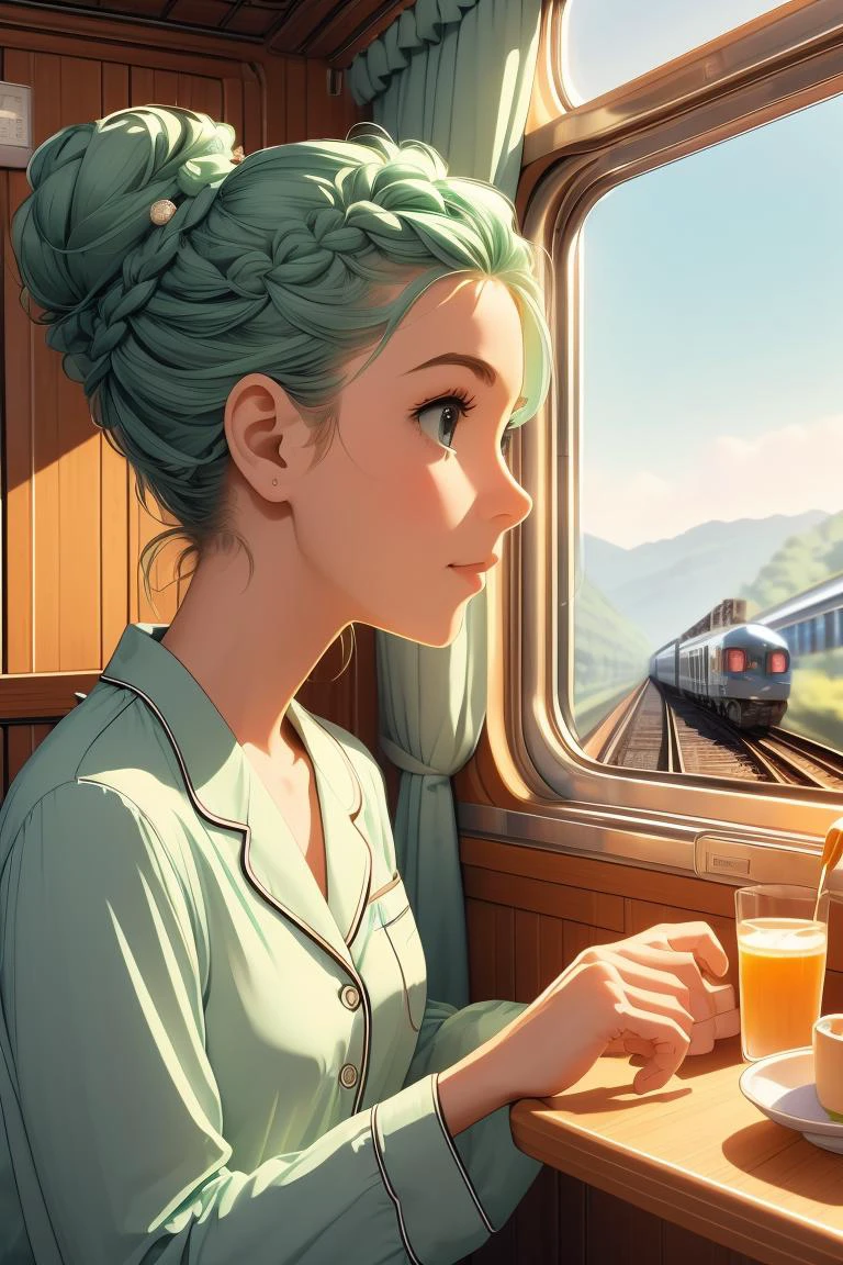 (masterpiece, best quality), 1girl, Mint Green Crown Braided Updo, Size G breasts, <lora:girlliketrainroomette:1> train roomette, bunk bed, pajamas, looking out the big window, breakfast on table, wooden wall