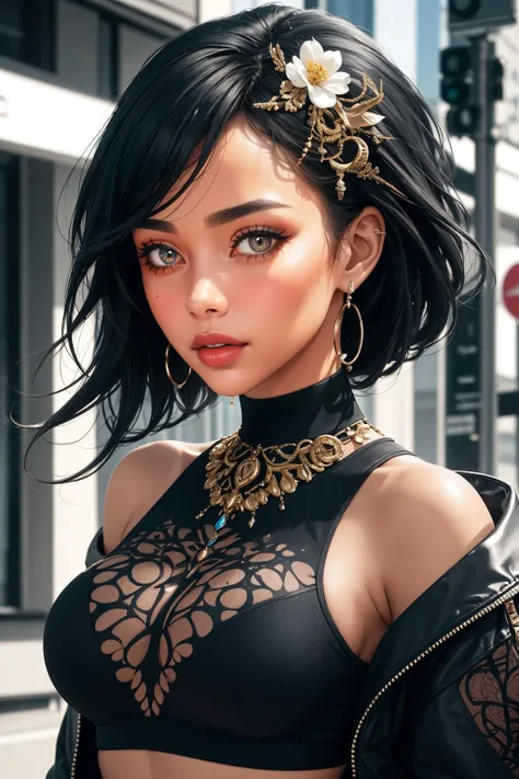 a portrait of a fashion-forward biracial woman, setting trends in the urban fashion scene
masterpiece, best quality, intricate detail, high environment detail,