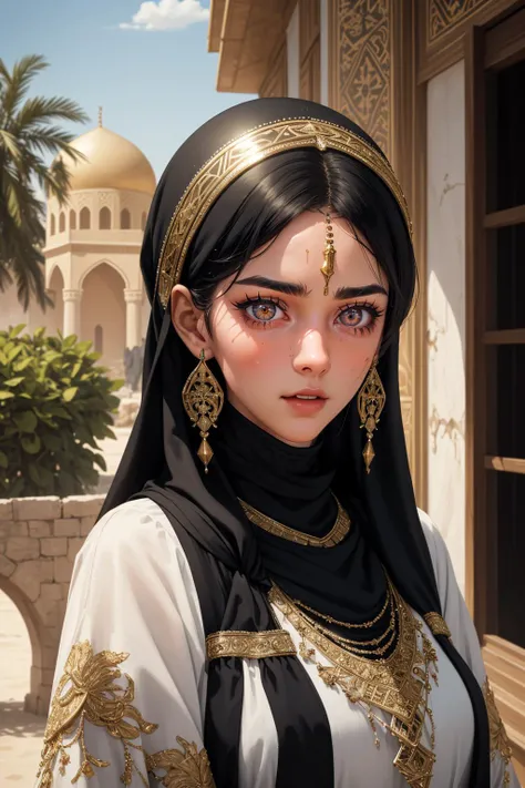 a portrait of a Middle Eastern woman, proud and empowered in her cultural identity, outdoors,
best quality, masterpiece, intricate detail, high environment detail,