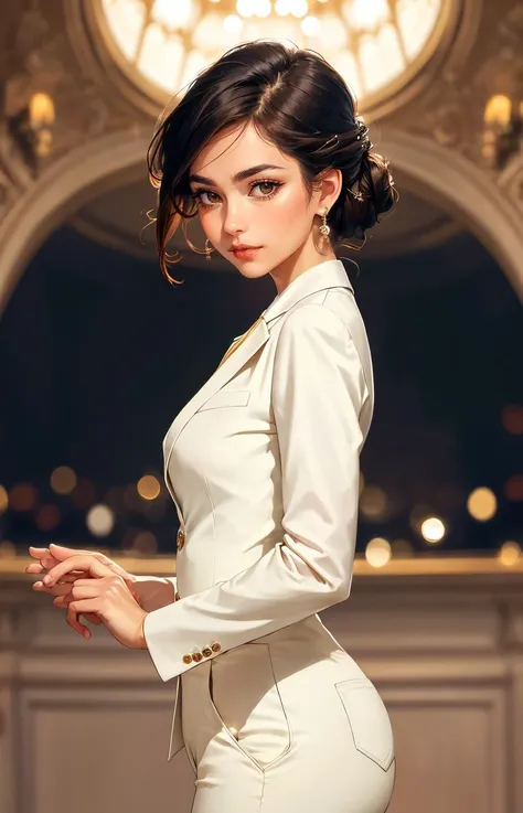 a ((mature female)), exuding timeless elegance in a tailored pantsuit, her silver waves arranged in a classic updo, enhanced by warm brown eyes and gracefully arched eyebrows, projecting timeless grace and confidence, closed mouth, 
masterpiece, best quality, intricate detail, depth of field, high contrast, volumetric lighting