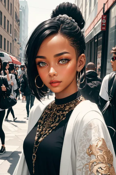 a portrait of a fashion-forward biracial woman, setting trends in the urban fashion scene
masterpiece, best quality, intricate detail, high environment detail,