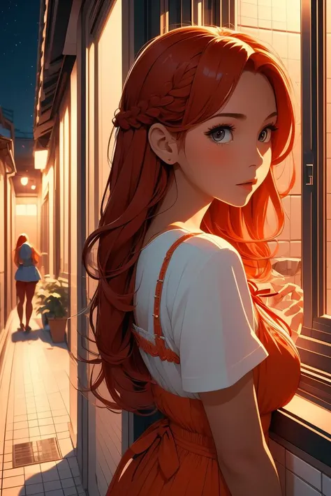 (masterpiece, best quality), 1girl, Orange-red Fishtail Braid with Ribbon Detail, Size B breasts,   <lora:girllikenightalley:1> night alley, 2girl, side viewer girl, back view girl, looking inside window, white tile wall