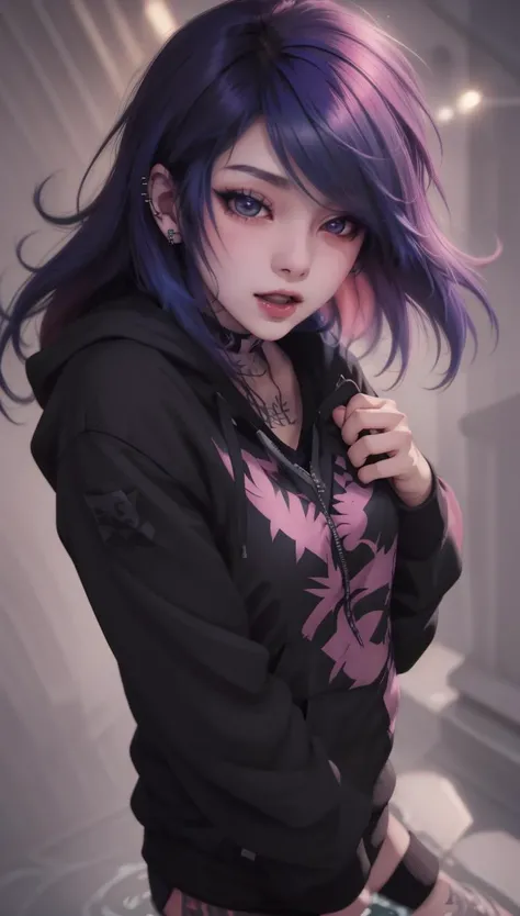 masterpiece, best quality, 1girl, <lora:emo_hairstyle (1):0.7> emo_hairstyle , dark makeup, piercing, nose piercing, lip piercing, open mouth, tattoo, hoodie, open jacket, pocket, colored inner hair, light smile, (closed eyes:0.9), ((floating hair)), ((bags under eyes)), cowboy shot,