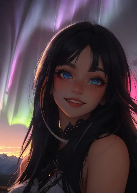 <lora:eGirlMakeup:0.7> EGirlMakeup, heterochromia, night, night sky, aurora, mountainous horizon, nature, cowboy shot, upper body, smile, head tilt,
masterpiece, best quality, intricate detail, <lora:backlight_slider_v10:-2>