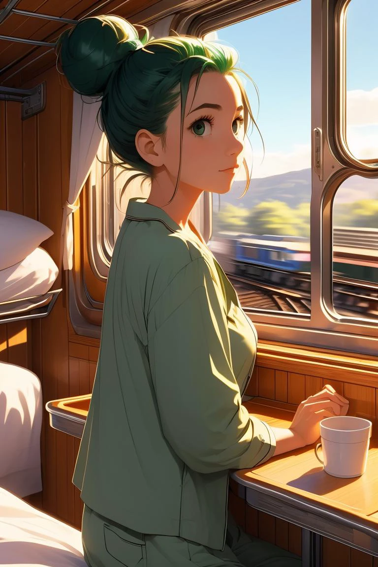 (masterpiece, best quality), 1girl, Emerald Messy Top Knot, Size H breasts, <lora:girlliketrainroomette:1> train roomette, bunk bed, pajamas, looking out the big window, breakfast on table, wooden wall