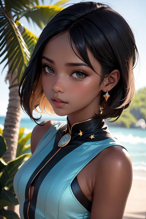 (masterpiece, best quality), African deep ebony 28 year old woman, beautiful face, Kimberly_jackson, chunli hairstyle and hair accessories, confused, upper body, topless
