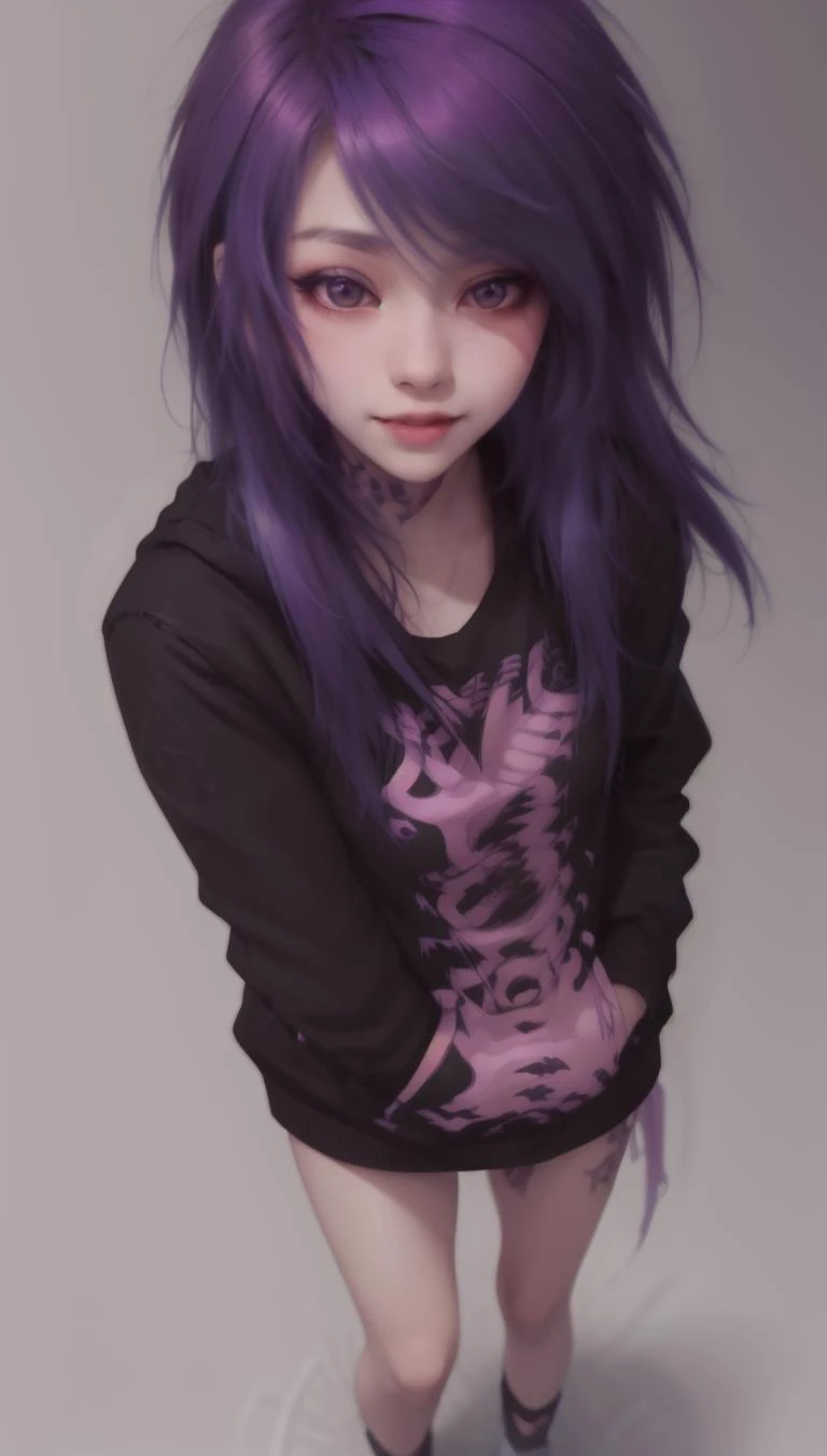 Anime goth girl with purple hair, silver eyes, brown skin and a black shirt with skulls on it and black ripped jeans and black spikedleather boots (full body)