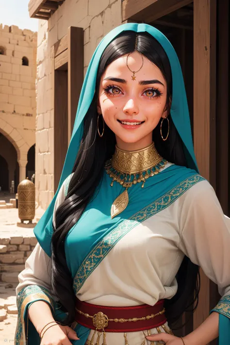 a portrait of a Middle Eastern woman, proud and empowered in her cultural identity, outdoors, adjusting clothes, smile,