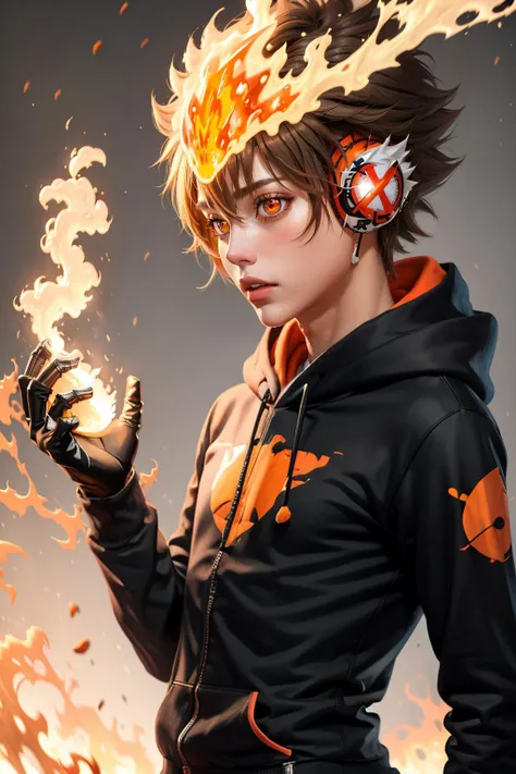 masterpiece, best quality,   <lora:Tsuna_Reborn2:1> intricate detail, (((skinny))), otoko no ko,   tsuna sawada, flame headwear, headphones, brown eyes,  upper body, wind, floating hair, flame, Orange hoodie with flame print, reborn,  katekyo hitman reborn!,